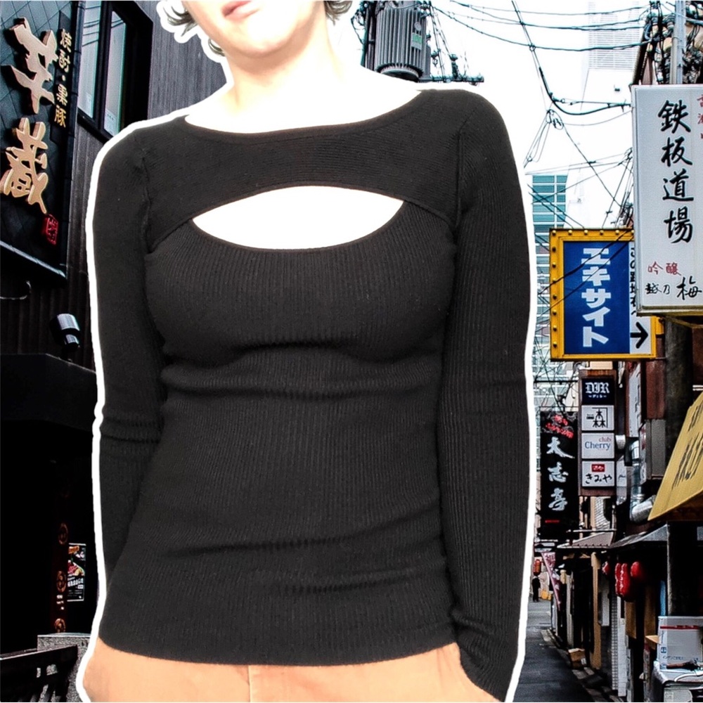 INC International Concepts Ribbed Black Sweater with Keyhole Window, Size S